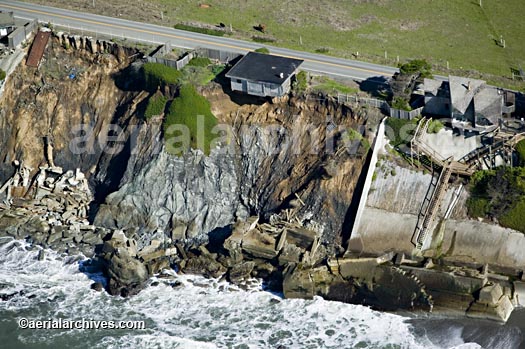© aerialarchives.com erosion of the Sonoma County coastline
house along Highway One close to tumbling into
the Pacific Ocean, aerial photography, aerial, AA5THF, AHLB2483