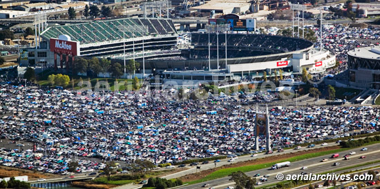  aerial photograph Oakland raiders pre game event, Oakland, CA, ANXJAK, AHLB2927