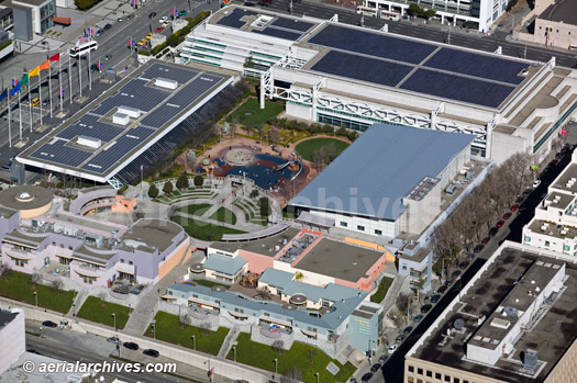 © aerialarchives.com  aerial photograph of the Moscone Convention Center designed by architects Hellmuth, Obata & Kassabaum, San Francisco CA, CA AHLB3636.jpg, AHFGBP