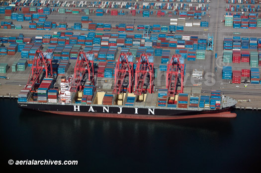 © aerialarchives.com Hanjin containership being unloaded at the Port of Long Beach and Los Angeles, California, aerial B120P2, AHLB4681