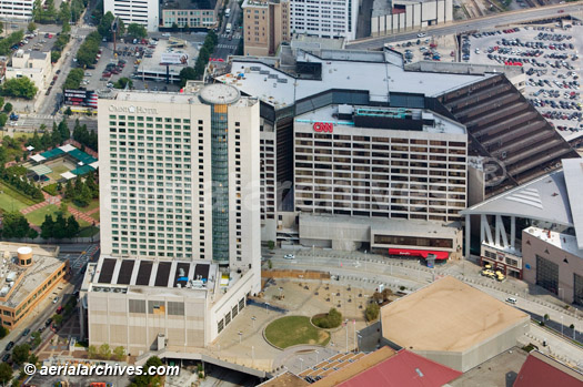 © aerialarchives.com aerial above CNN Center, Atlanta, Georgia  AHLB5282 B42ATW