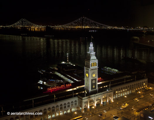 aerial photograph Ferry Building during Super Bowl 50, San Francisco, California at night