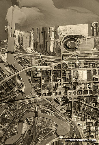 historical aerial photograph pollution Cuyahoga river Cleveland, Ohio AHLV3294