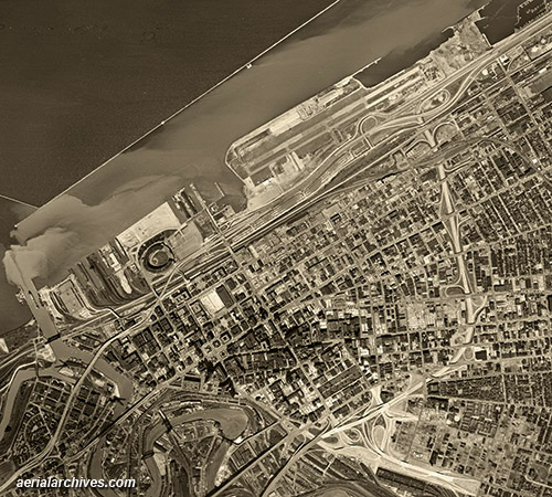 historical aerial photograph Burke Lakefront airport downtown Cleveland Ohio AHLV3297