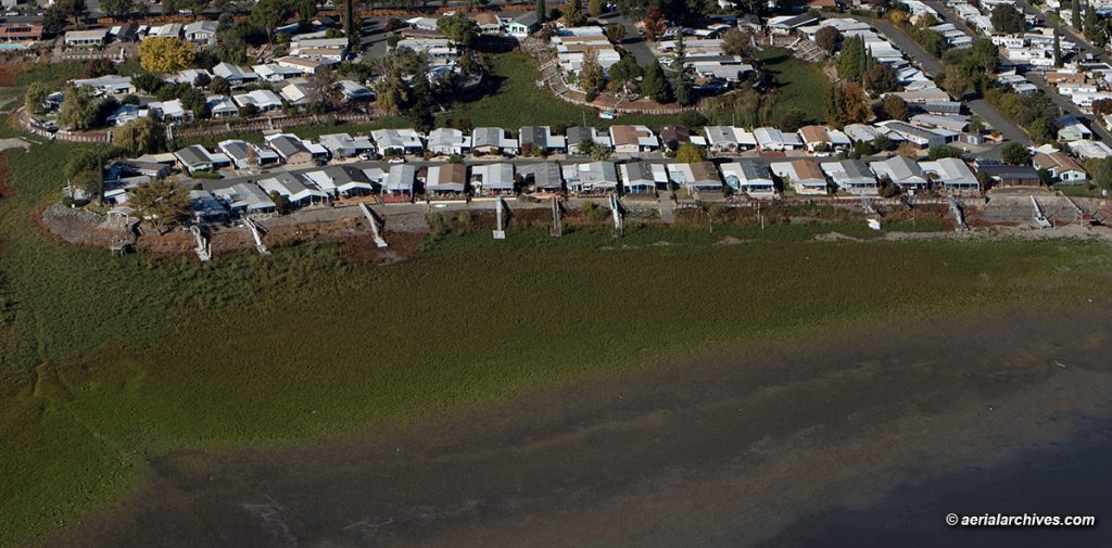 aerial photograph piers at Lakeport Lagoons, Clear Lake in Lakeport, Lake County, California during the drought, November, 2022