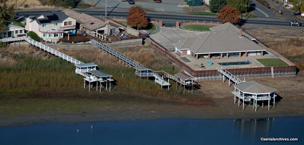Piers in North Lakeport, Lake County, California do not reach Clear Lake during a drought, November, 2022