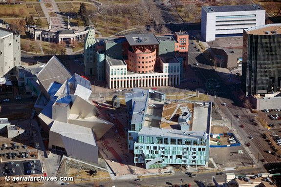 © aerialarchives.com aerial  Frederic C. Hamilton building, Denver Art Museum Denver Public library photography downtown Denver, Colorado