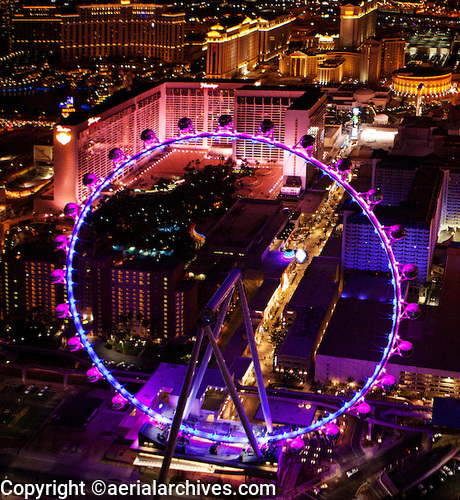 © aerialarchives.com night time aerial photograph of Las Vegas Nevada high roller ferris wheel AHLE0088
