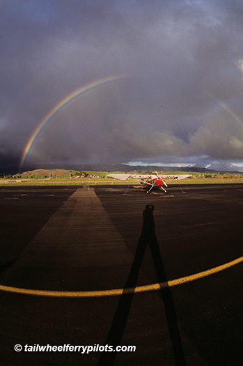 Tailwheel ferry pilot Herb Lingl at sunset at Petaluma airport, AHLC3911