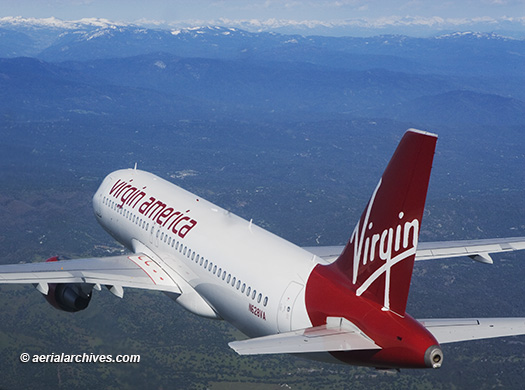 © aerialarchives.com Airbus, A320, Virgin America Airlines, in flight, aerial photograph, AHLB3842 